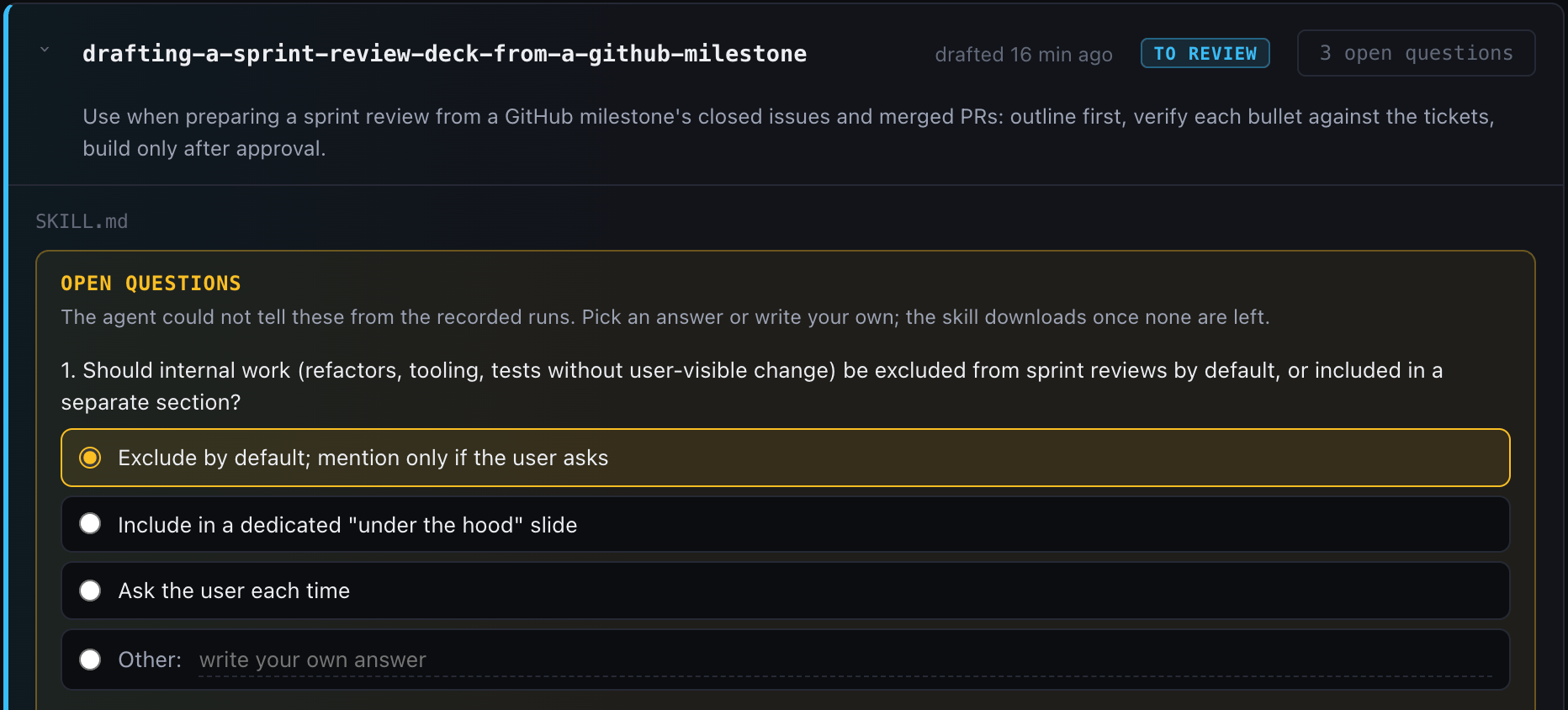 A draft to review: its first open question with three suggested answers and a field for your own, the first answer picked