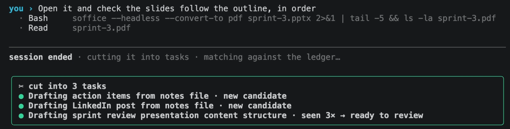 The end of the session: Skill++ reports it cut into 3 tasks, two new candidates and the sprint review seen 3 times, ready to review