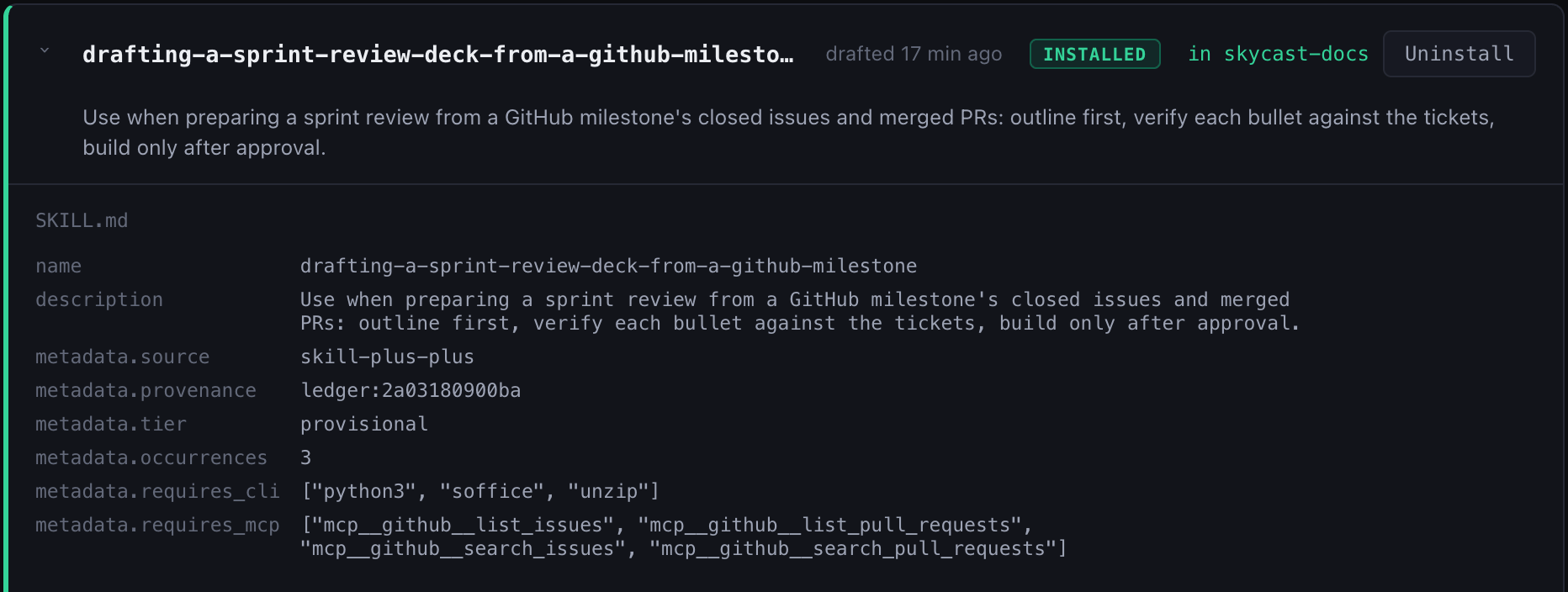 The drafted skill, installed in the project: its description and a frontmatter that requires four GitHub MCP tools